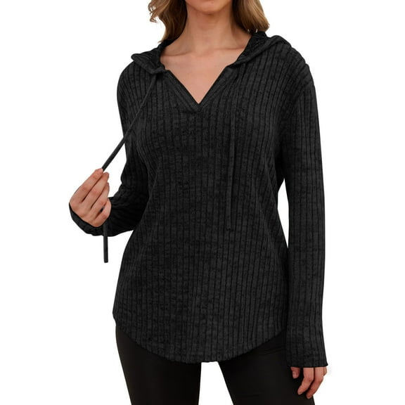 Nmnitkp Women Blouses Loose Fit Hoodies Ladies Tunics Knit V Neck Sweaters Cute Sweatshirts Pullover with Pockets Black,XL