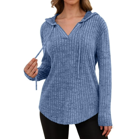 Nmnitkp Women Blouses Loose Fit Hoodies Ladies Tunics Knit V Neck Sweaters Cute Sweatshirts Pullover with Pockets Navy,XL