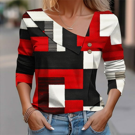 Nmnitkp Women Blouses Soft and Comfortable Long Sleeve Shirts for Women 2025 Casual Pleated V Neck Fall Tunic Tops Button Down Blouse Dressy Loose T-Shirts Red,M