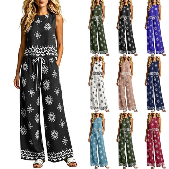 Nmnitkp Women Boho Print Matching Sets Crew Neck Sleeveless Top Drawstring Pocket Wide Leg Pants Two Piece Outfits for Summer Beach Vacation Daily Travel Casual Lounge Wear