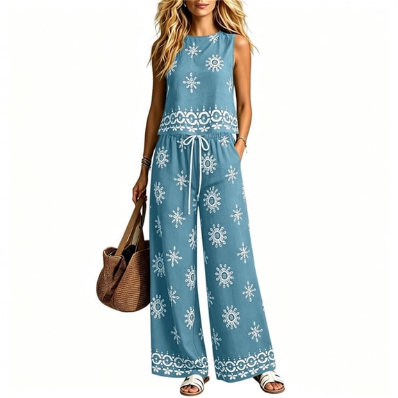 Nmnitkp Women Boho Print Matching Sets Crew Neck Sleeveless Top Drawstring Pocket Wide Leg Pants Two Piece Outfits for Summer Beach Vacation Daily Travel Casual Lounge Wear