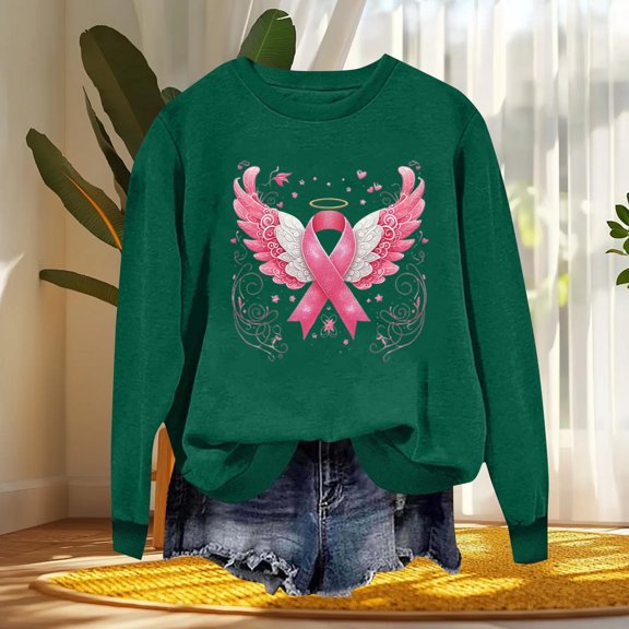 Nmnitkp Women Breast Cancer Awareness Sweatshirt Pink Ribbon Inspirational Tops Casual Long Sleeve Fall Winter Pullover Army Green,XS