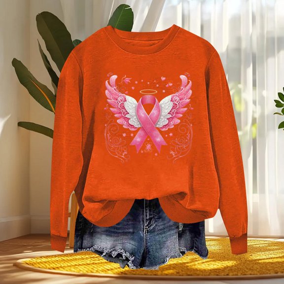 Nmnitkp Women Breast Cancer Awareness Sweatshirt Pink Ribbon Inspirational Tops Casual Long Sleeve Fall Winter Pullover Orange,L
