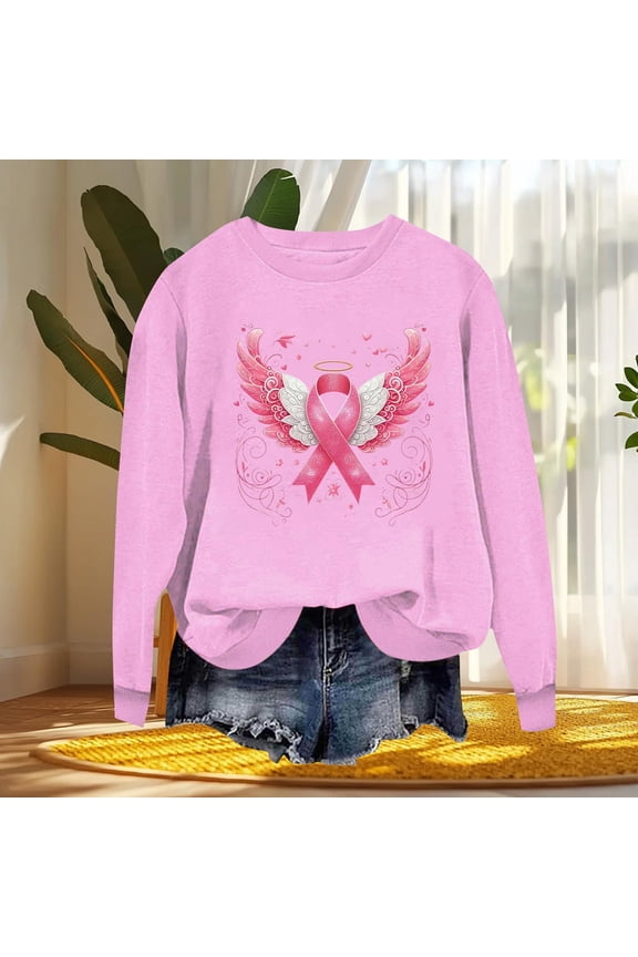Women Breast Cancer Awareness Sweatshirt Pink Ribbon Inspirational Tops Casual Long Sleeve Fall Winter Pullover Pink,M