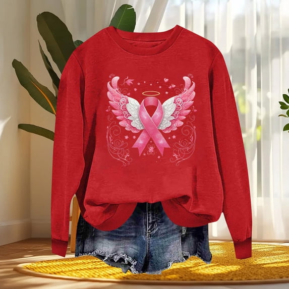 Nmnitkp Women Breast Cancer Awareness Sweatshirt Pink Ribbon Inspirational Tops Casual Long Sleeve Fall Winter Pullover Red,XL
