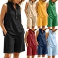 thumbnail image 1 of Nmnitkp Women Linen Look Matching Sets Stand Collar Half Button Sleeveless Top Pocket Bermuda Shorts Two Piece Outfits Coordinated Sets for Summer Beach Vacation Daily Travel Casual Lounge Wear, 1 of 9