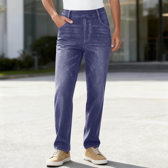 Nmnitkp Women Pants High Waisted Stretch Denim Look Pants, Elastic Waist Slim Fit Tummy Control Jeans with Pockets, Casual Work Pants for Office & Daily Wear Purple,S