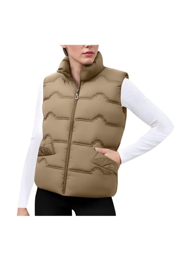 Women Puffer Vest Sleeveless Cropped Outerwear Warm Winter Lightweight Coat Stand Up Collar Down Jackets With Pockets Khaki,2XL