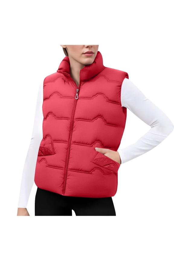 Women Puffer Vest Sleeveless Cropped Outerwear Warm Winter Lightweight Coat Stand Up Collar Down Jackets With Pockets Red,2XL