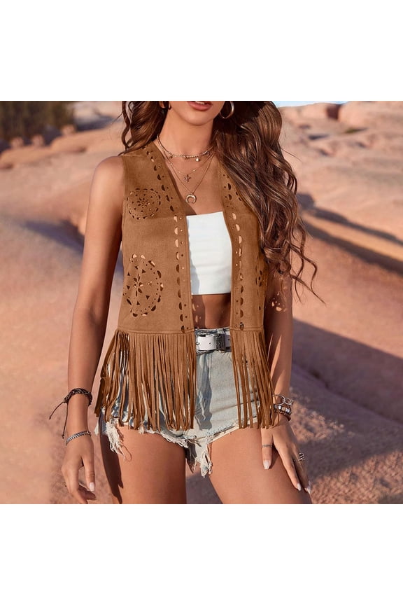 Women Solid Western Tassels Tops 70s Hippie Faux Suede Fringe Jacket Cardigan Open Front Rodeo Jacket Brown,2XL