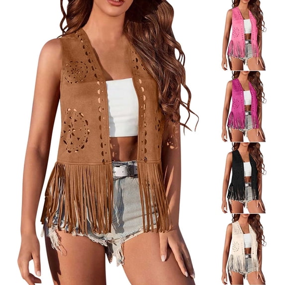 Nmnitkp Women Solid Western Tassels Tops 70s Hippie Faux Suede Fringe Jacket Cardigan Open Front Rodeo Jacket Brown,L