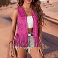 thumbnail image 1 of Nmnitkp Women Solid Western Tassels Tops 70s Hippie Faux Suede Fringe Jacket Cardigan Open Front Rodeo Jacket Hot Pink,2XL, 1 of 9