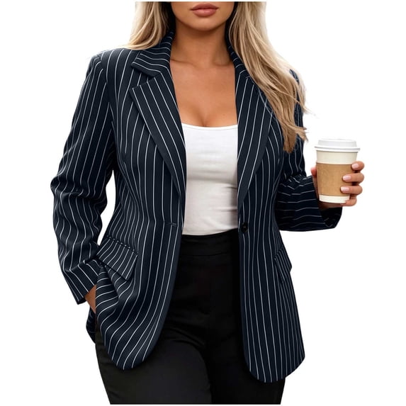 Nmnitkp Women Suit Jacket Pinstripe Notched Lapel Blazer Single Button Padded Shoulder Long Sleeve Loose Striped Suit Jacket Casual Business Layering Outerwear For Office Wear Dark Blue,S