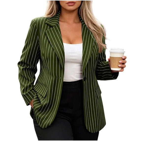 Nmnitkp Women Suit Jacket Pinstripe Notched Lapel Blazer Single Button Padded Shoulder Long Sleeve Loose Striped Suit Jacket Casual Business Layering Outerwear For Office Wear Army Green,M