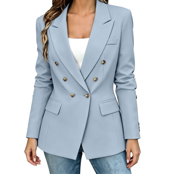 Nmnitkp Women Suit Jacket Solid Double Breasted Blazer Notched Lapel Built-In Padded Shoulder Long Sleeve Suit Jacket Gold Decor Buttons Flap Pockets Office Business Interview Casual Wear