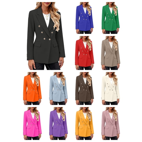 Nmnitkp Women Suit Jacket Solid Double Breasted Blazer Notched Lapel Built-In Padded Shoulder Long Sleeve Suit Jacket Gold Decor Buttons Flap Pockets Office Business Interview Casual Wear