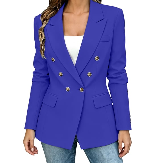Nmnitkp Women Suit Jacket Solid Double Breasted Blazer Notched Lapel Built-In Padded Shoulder Long Sleeve Suit Jacket Gold Decor Buttons Flap Pockets Office Business Interview Casual Wear