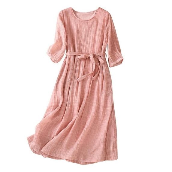 Nmnitkp Women Summer Dresses Elegant Round Neck Short Sleeve Maxi Dresses Casual Cotton Linen Plus Size Sundresses Womens Drawstring Waist Flowy Dresses M-2XL
