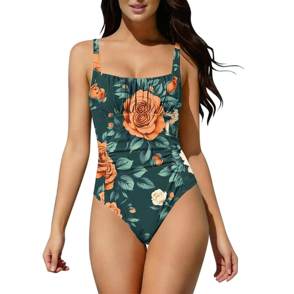 Nmnitkp Women Swimsuit One Piece Bathing Suit Floral Square Neck Cutout Back Tummy Control with Adjustable Ruffled Spaghetti Straps Swimwear