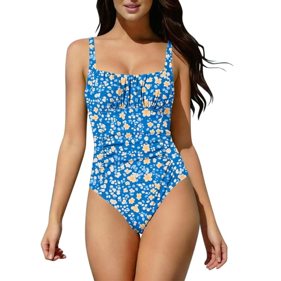 Nmnitkp Women Swimsuit One Piece Bathing Suit Floral Square Neck Cutout Back Tummy Control with Adjustable Ruffled Spaghetti Straps Swimwear