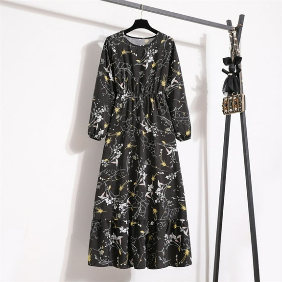 Nmnitkp Women's 2025 Fall Maxi Dress Floral Long Sleeve V Neck Casual A Line Long Flowy Boho Party Dresses Black,S