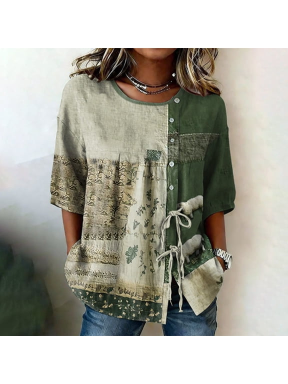 Women's 3/4 Sleeve Boho Floral Print Linen-Look Blouse, Round Neck Drawstring Waist Casual Button Top, Multiple Styles for Spring Summer Army Green,XL