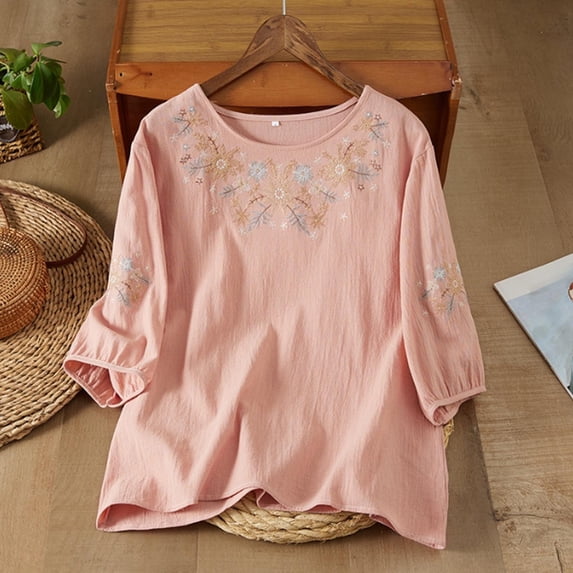 Nmnitkp Women's 3/4 Sleeve Embroidered Linen-Look Blouse, Round Neck Loose Casual Summer Top with Multiple Colors Khaki,M