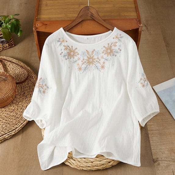 Nmnitkp Women's 3/4 Sleeve Embroidered Linen-Look Blouse, Round Neck Loose Casual Summer Top with Multiple Colors White,M