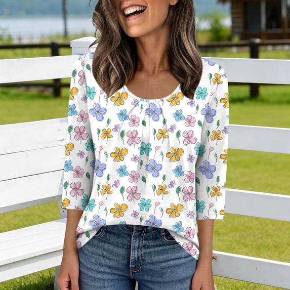 Nmnitkp Women's 3/4 Sleeve Floral Print T-Shirt, Round Neck Pleated Casual Blouse, Spring Summer Elastic Top with Multiple Styles Pink,XL