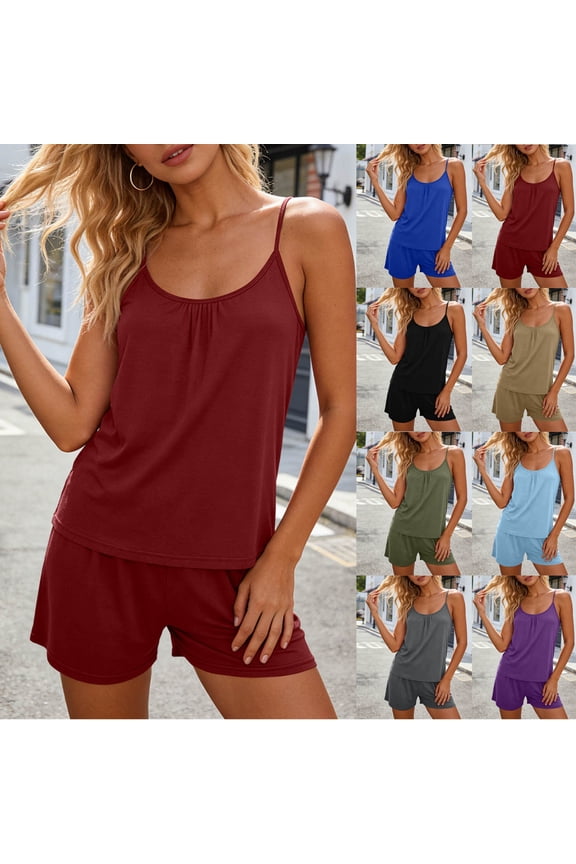 Women's Adjustable Strap Cami Short Pajama Set with Pockets, Soft Breathable Sleeveless Loungewear, Comfy Two Piece Sleepwear for Summer Wine,S