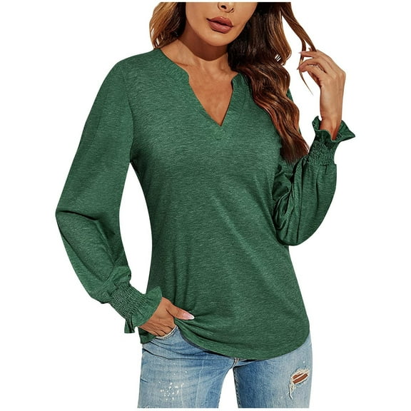 Nmnitkp Women's Base Tops Solid Color Long Sleeve Henley Tops Pullover Casual Loose Fit V-Neck Tunic Tops