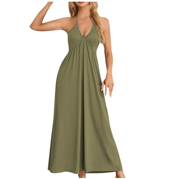 Nmnitkp Women's Beach Dress Halter V Neck Sleeveless Casual Summer Sundresses Asymmetrical Patchwork Floral Maxi Dresses