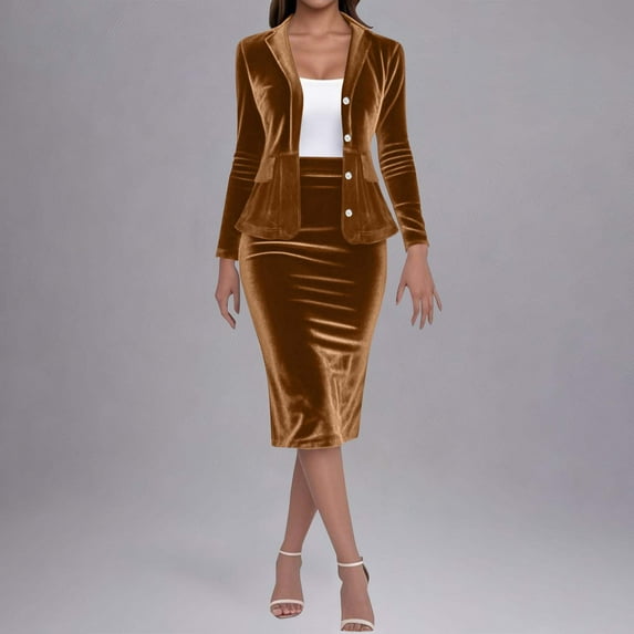 Nmnitkp Women's Business Skirt Suit Set 2 Piece Office Outfits Notched Lapel Blazer and Pencil Skirt Brown,S
