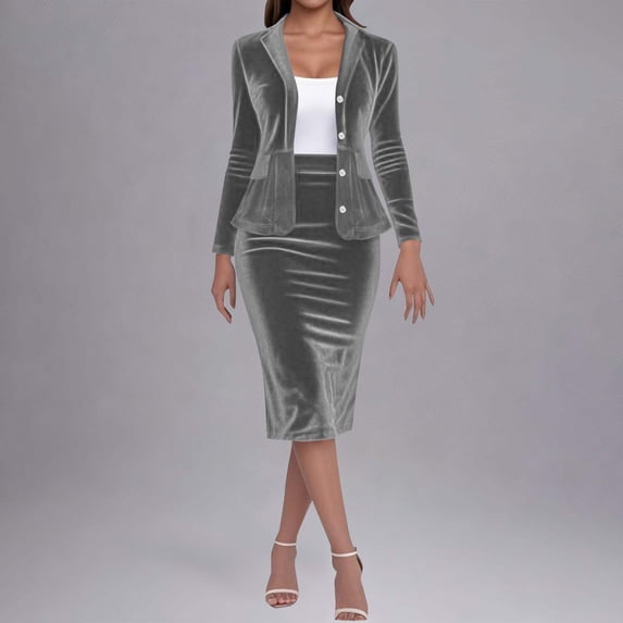 Nmnitkp Women's Business Skirt Suit Set 2 Piece Office Outfits Notched Lapel Blazer and Pencil Skirt Gray,M