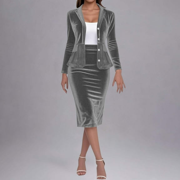Nmnitkp Women's Business Skirt Suit Set 2 Piece Office Outfits Notched Lapel Blazer and Pencil Skirt Gray,S
