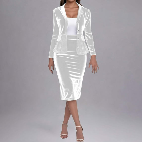 Nmnitkp Women's Business Skirt Suit Set 2 Piece Office Outfits Notched Lapel Blazer and Pencil Skirt White,S