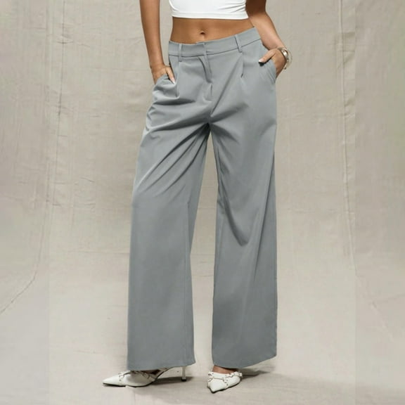 Nmnitkp Women's Business Straight Leg Dress Pants Elastic Waist Zipper Closure Work Trousers with Pockets Gray,L