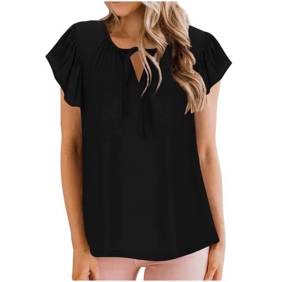 Nmnitkp Women's Casual Dressy Tops Floral Ruffle Pleated Short Sleeve Tops Cute Boho V Neck Loose Blouses Summer Shirts S-2XL