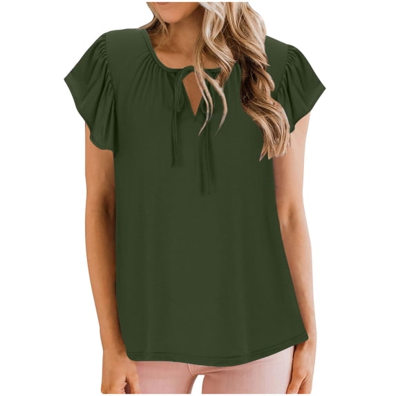 Nmnitkp Women's Casual Dressy Tops Floral Ruffle Pleated Short Sleeve Tops Cute Boho V Neck Loose Blouses Summer Shirts S-2XL