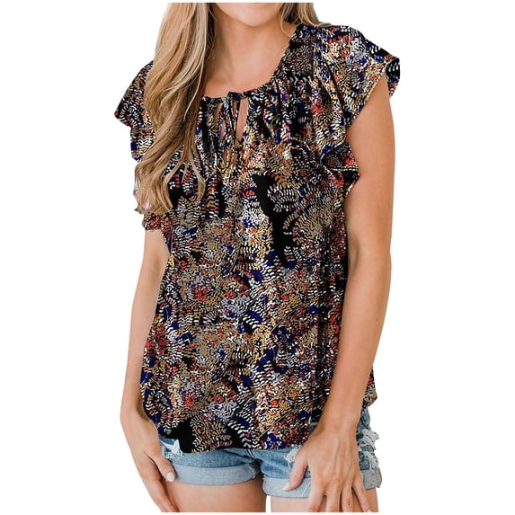 Nmnitkp Women's Casual Dressy Tops Floral Ruffle Pleated Short Sleeve Tops Cute Boho V Neck Loose Blouses Summer Shirts S-2XL