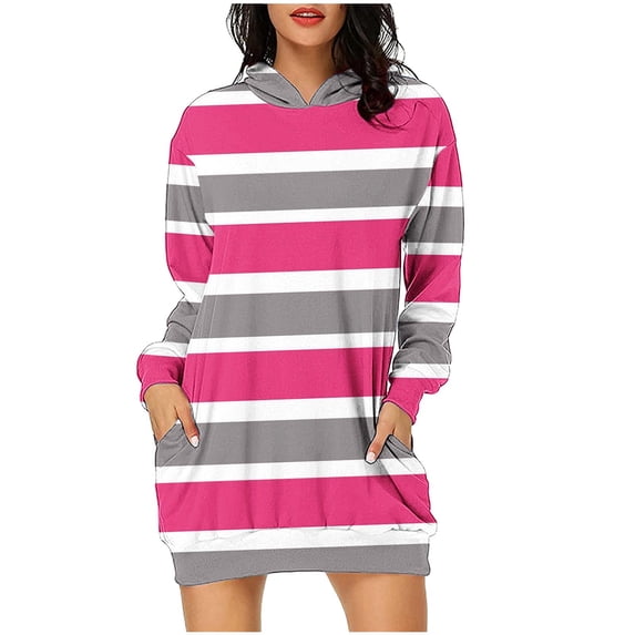 Nmnitkp Women's Casual Striped Pullover Hoodie Dress Short Sleeve Fashion Gradient Print Sundress Elegant Tunic Tshirt Dresses Popular Style Dress with Pocket