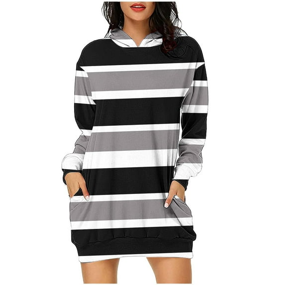 Nmnitkp Women's Casual Striped Pullover Hoodie Dress Short Sleeve Fashion Gradient Print Sundress Elegant Tunic Tshirt Dresses Popular Style Dress with Pocket