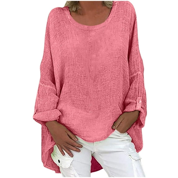 Nmnitkp Women's Casual Tops Cotton Linen Long Sleeve Plus Size Blouses Round Collar Boxy Top Patchwork Blouses M-3XL