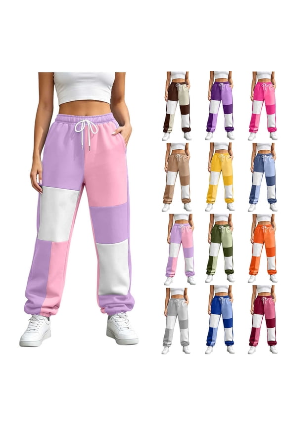 Women's Color Block Joggers Sweatpants with Pockets Drawstring Elastic Waist Loose Fleece Winter Athletic Pants for Workout Lounge Casual Daily Wear Pink,S