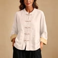 thumbnail image 1 of Nmnitkp Women's Cotton Linen Mandarin Collar Shirt Frog Button Contrast Cuffs Long Sleeve Loose Casual Top with Pockets for Fall Daily Work Loungewear Khaki,M, 1 of 6