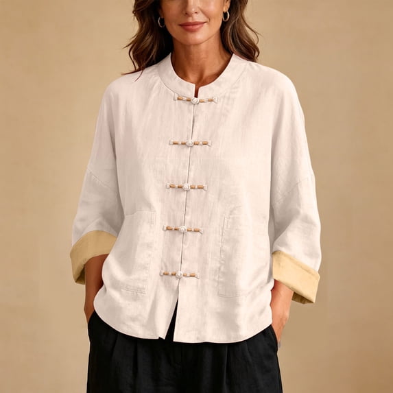 Nmnitkp Women's Cotton Linen Mandarin Collar Shirt Frog Button Contrast Cuffs Long Sleeve Loose Casual Top with Pockets for Fall Daily Work Loungewear Khaki,M