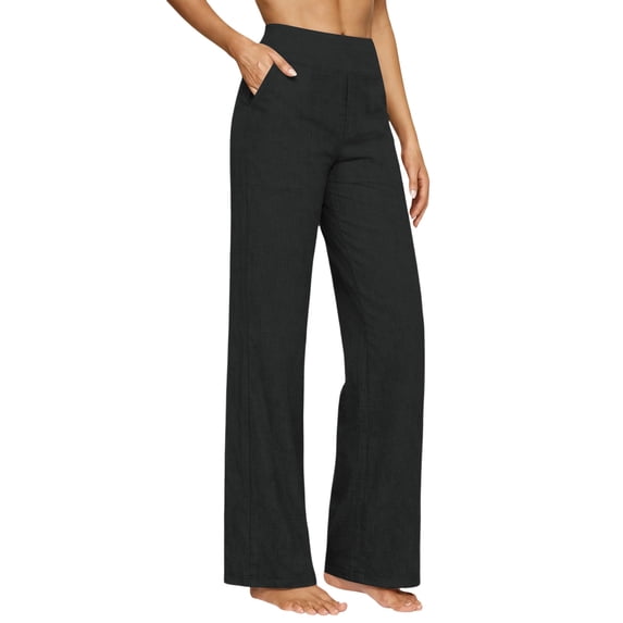 Nmnitkp Women's Cotton Linen Pants Summer Wide Leg Pants High Waisted Palazzo Trousers Flowy Lounge Casual Elastic Lightweight Pockets