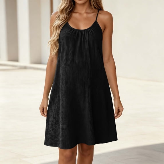 Nmnitkp Women's Crinkle Cotton Spaghetti Strap Dress, Adjustable Straps Round Neck Loose Sleeveless Mini Dress, Casual Summer Beach Coverup for Vacation & Daily Wear Black,XL