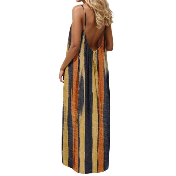 Nmnitkp Women's Dresses Sleeveless Spaghetti Strap Backless Abstract Stripe Print Maxi Dress, Boho Dresses Casual Loose Fit Summer Beach Vacation Loungewear Dress Multicolor,S