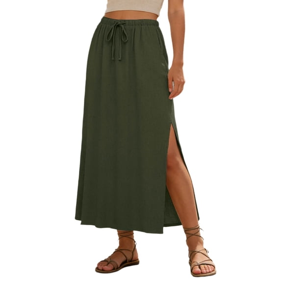 Nmnitkp Women's Elastic Drawstring High Waist Linen Blend Maxi Skirt, Side Slit Flowy Casual Skirt for Spring Summer Vacation, Beach & Daily WearArmy Green,L